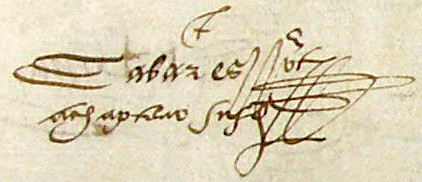 Signature de Pierre Cabares. Cf. DE PINU (Jacques), notaire de Villemur, minutes 1566, f 89, Adhg, cote 3 E 26863.