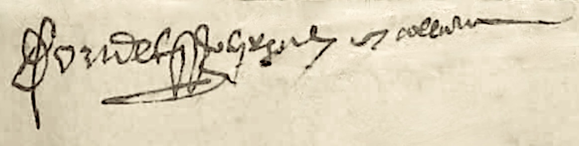 Signature de Jean Doudet en 1595, � la suite d'une mention marginale sur le registre de Jehan Richard, notaire de Villemur pour l'ann�e 1592, f� 30.