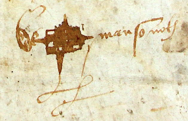 Marque de Guilliom de Manso figurant sur la face intrieure du parchemin servant de couverture au registre des minutes de Jehan Richard, notaire de Villemur, pour l'anne 1578. Archives dpartementales de la Haute-Garonne, cote 3 E 26871.