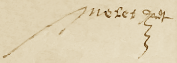 Signature de Simean Melet en 1589,  Montauban, au contrat de marage de son frre Jehan & de Floryne Dumas