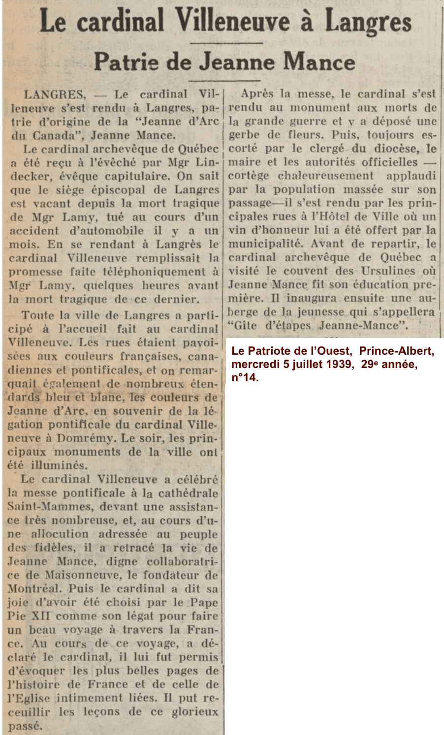La promesse du cardinal Villeneuve. Sa visite � Langres en juillet 1939