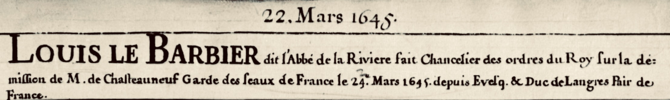 Louis Le Barbier chancelier des Ordres du Roi (1645)